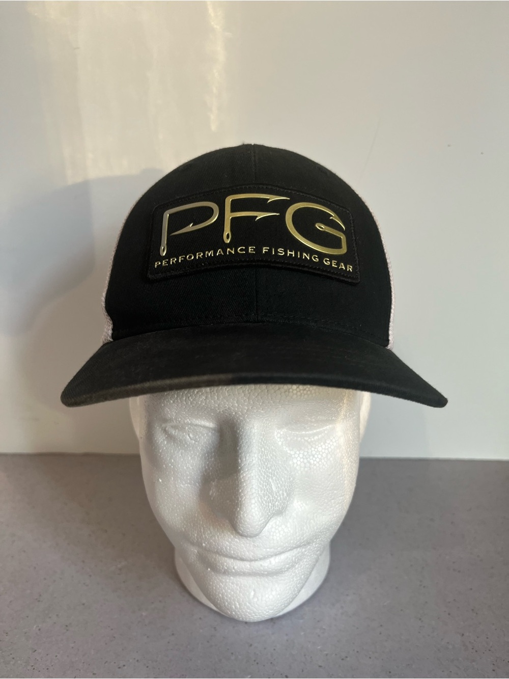 PFG Performance Fishing Gear Fitted Trucker Hat Black Gold Mesh Back FlexFit